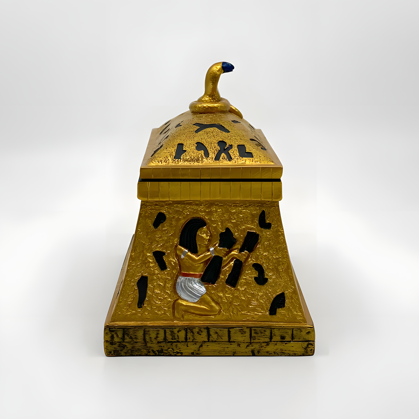 Handmade Egyptian polystone jewelry box with golden hieroglyphic and Pharaonic artwork