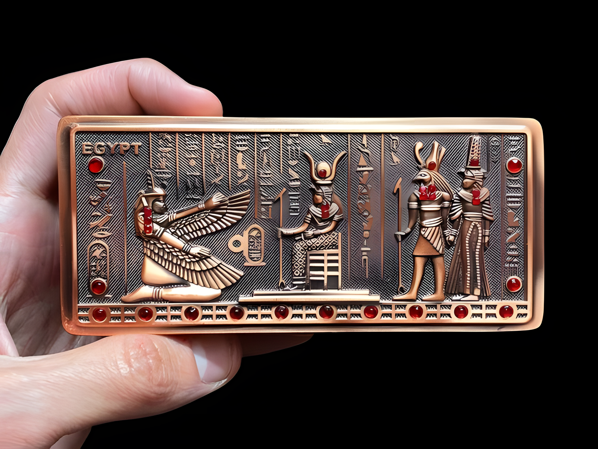 Handmade Egyptian metal jewelry box featuring Maat, Isis, Horus, and Cleopatra designs