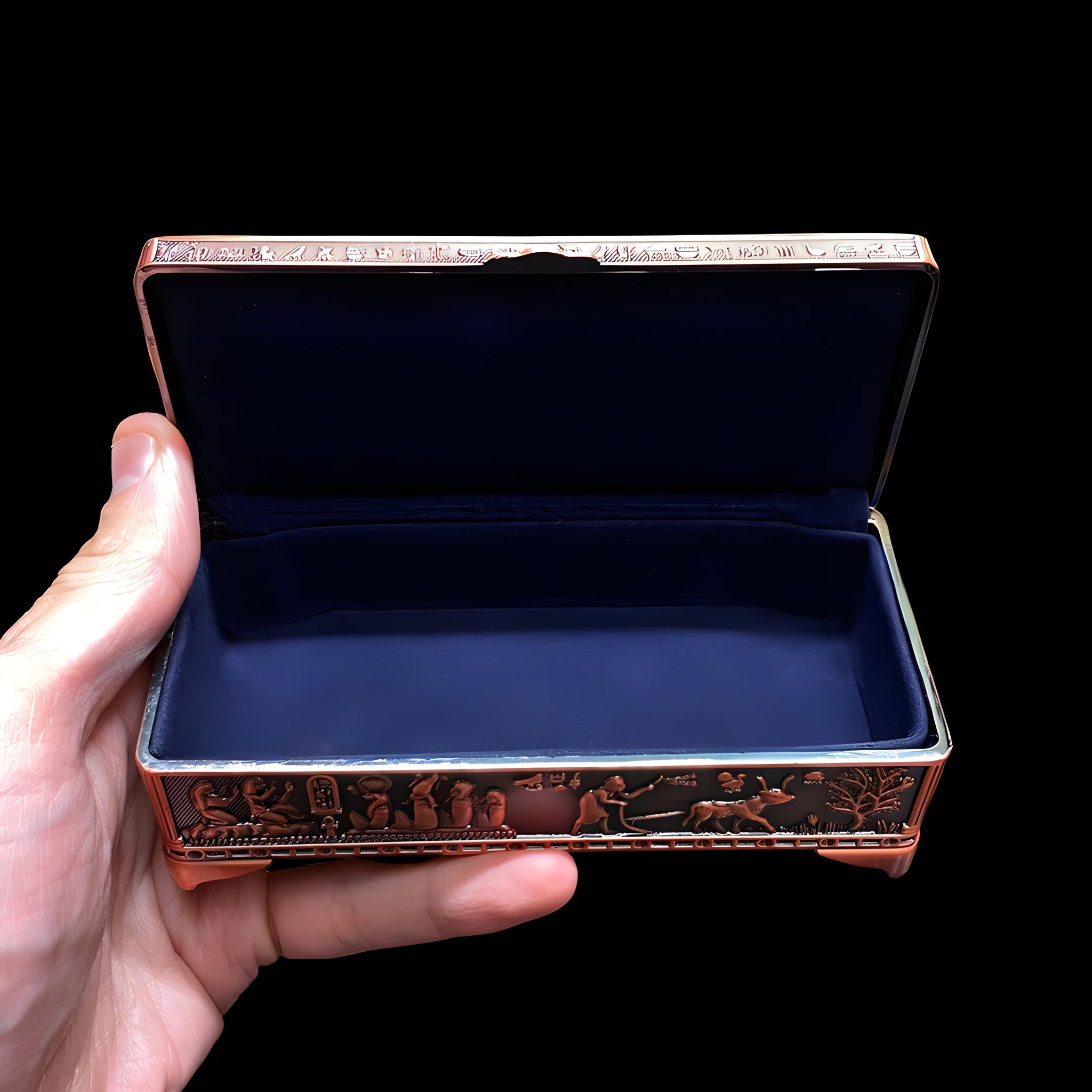 Handmade Egyptian metal jewelry box featuring Maat, Isis, Horus, and Cleopatra designs