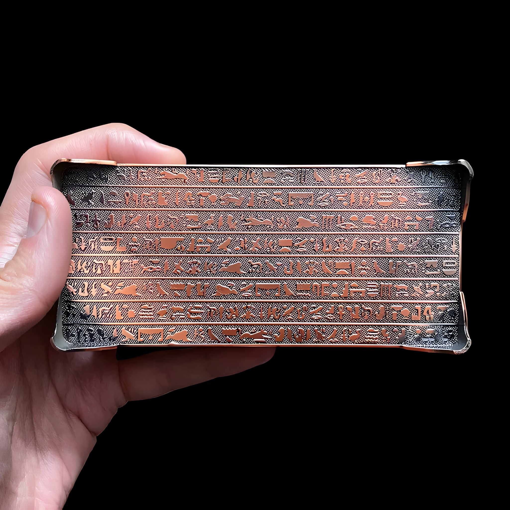 Handmade Egyptian metal jewelry box featuring Maat, Isis, Horus, and Cleopatra designs