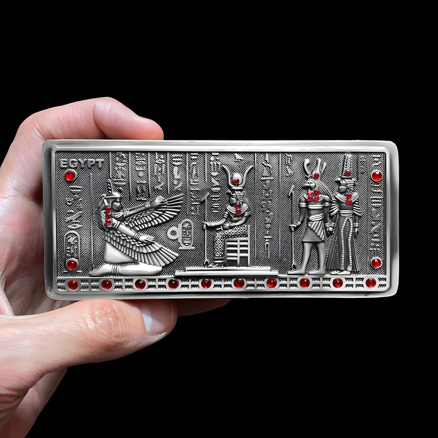 Handmade Egyptian metal jewelry box featuring Maat, Isis, Horus, and Cleopatra designs