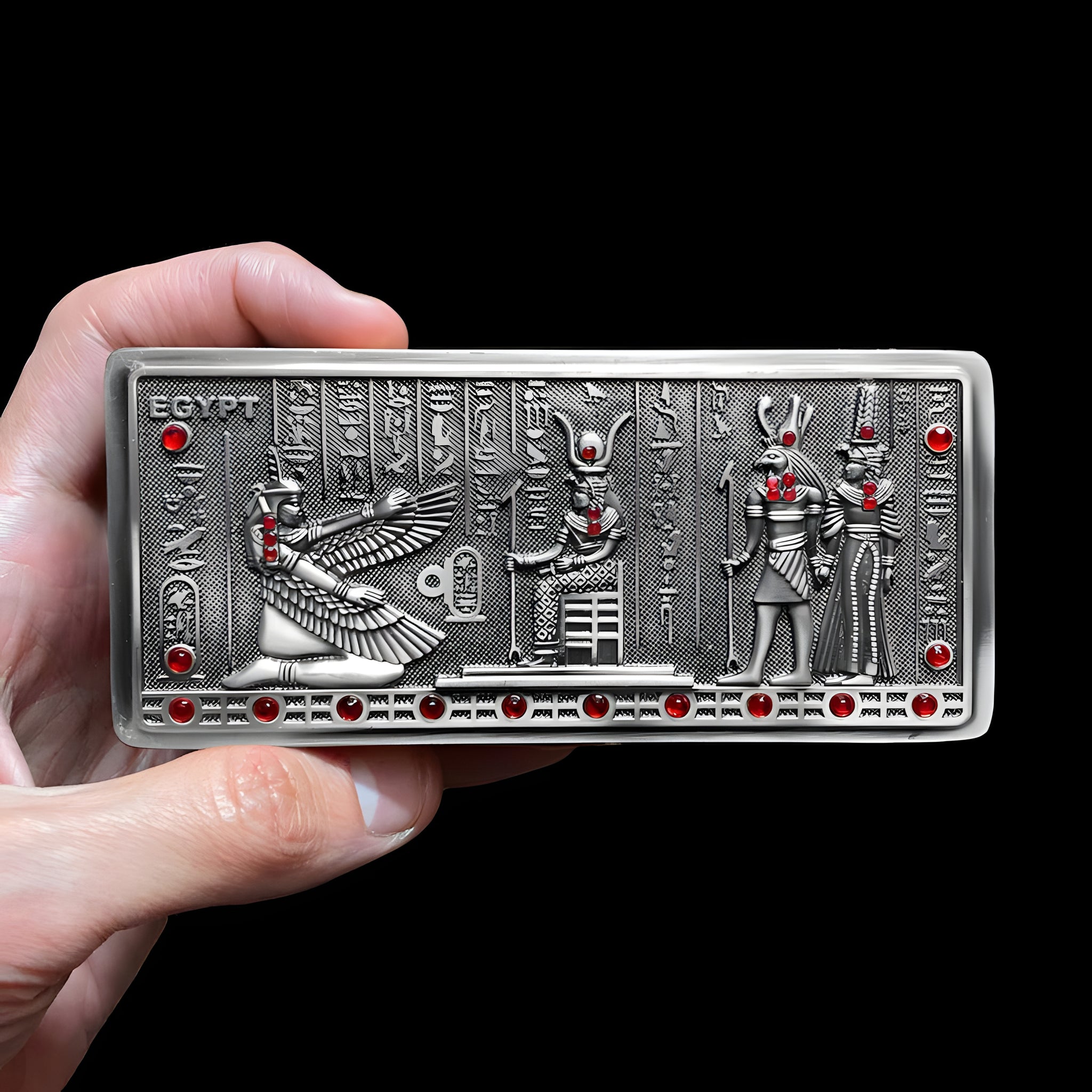 Handmade Egyptian metal jewelry box featuring Maat, Isis, Horus, and Cleopatra designs