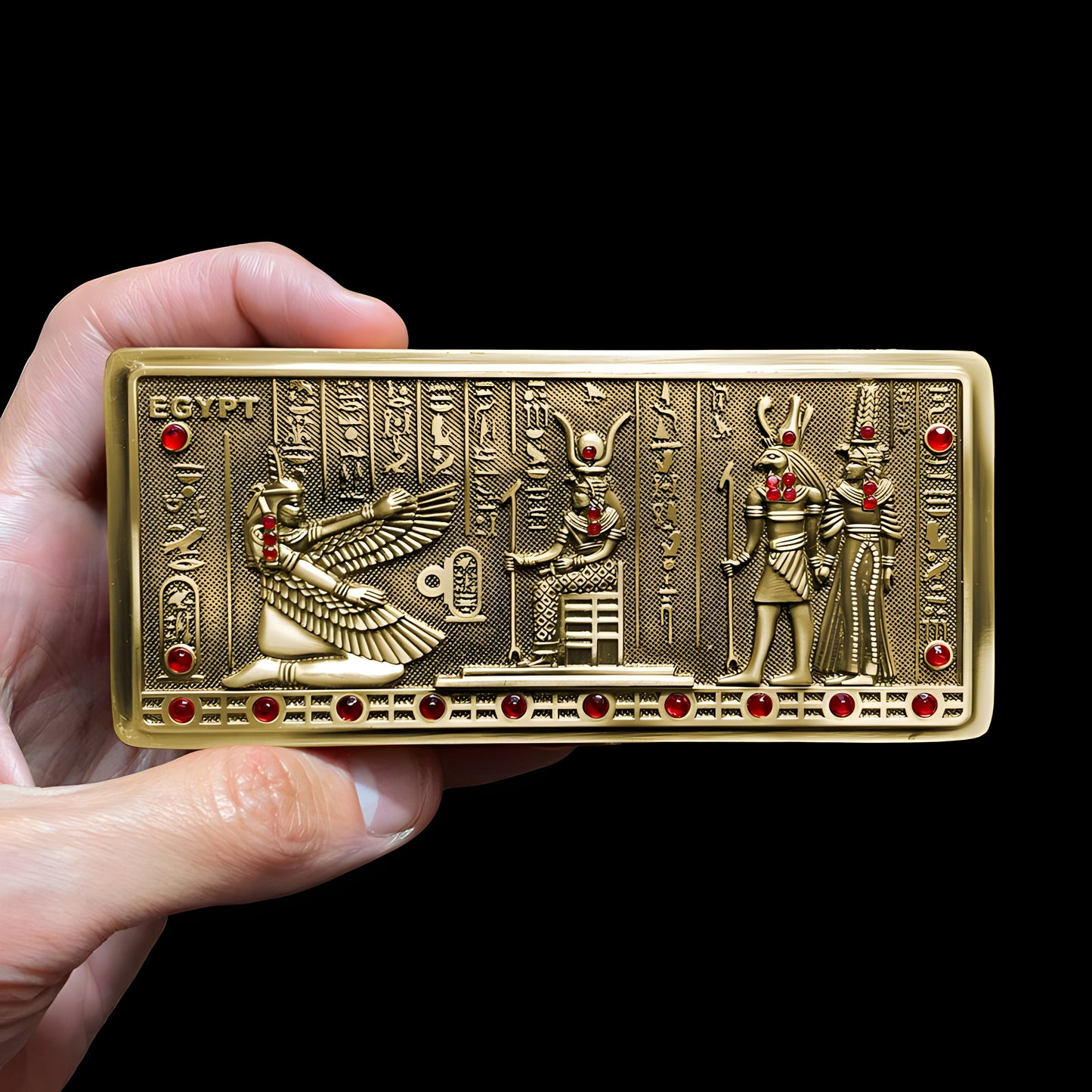 Handmade Egyptian metal jewelry box featuring Maat, Isis, Horus, and Cleopatra designs