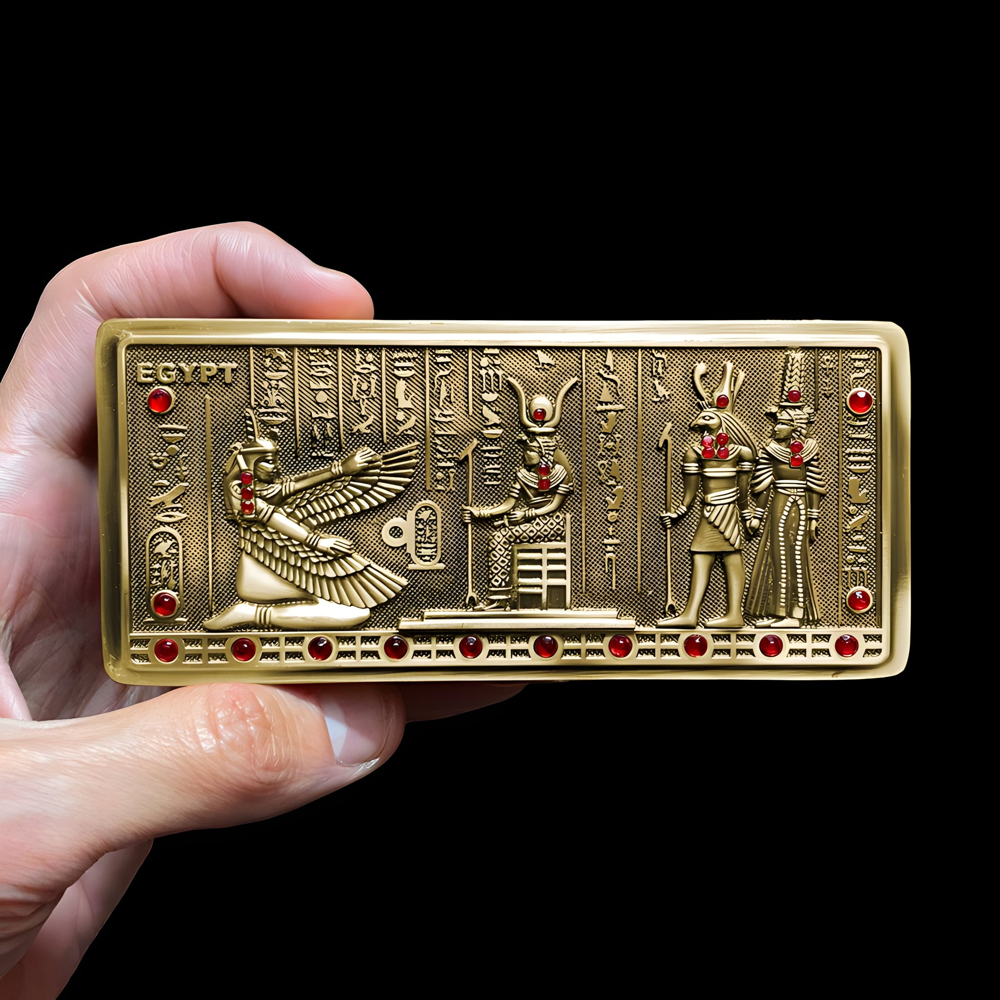 Handmade Egyptian metal jewelry box featuring Maat, Isis, Horus, and Cleopatra designs