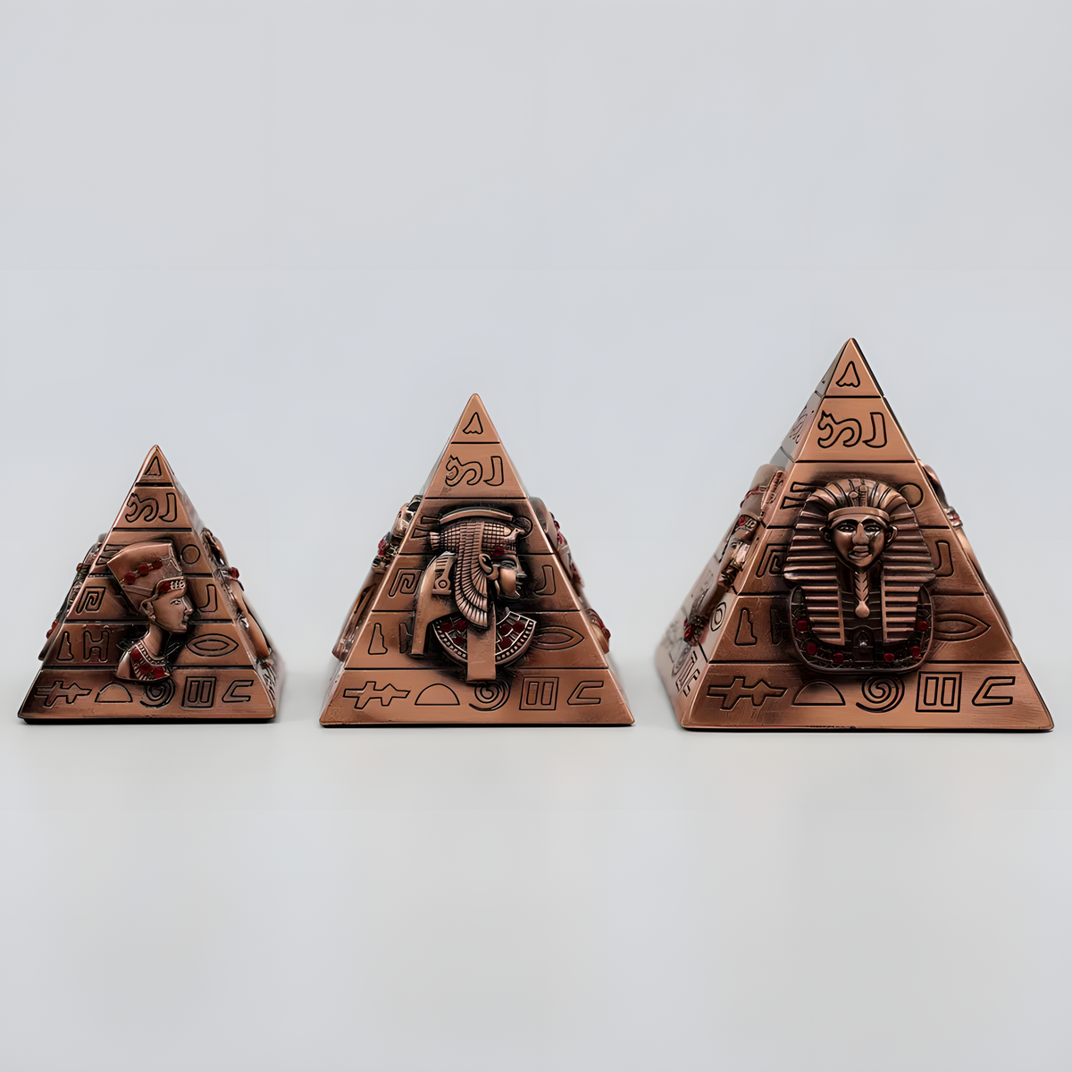 Handmade Egyptian copper pyramid set with hieroglyphic and pharaoh designs