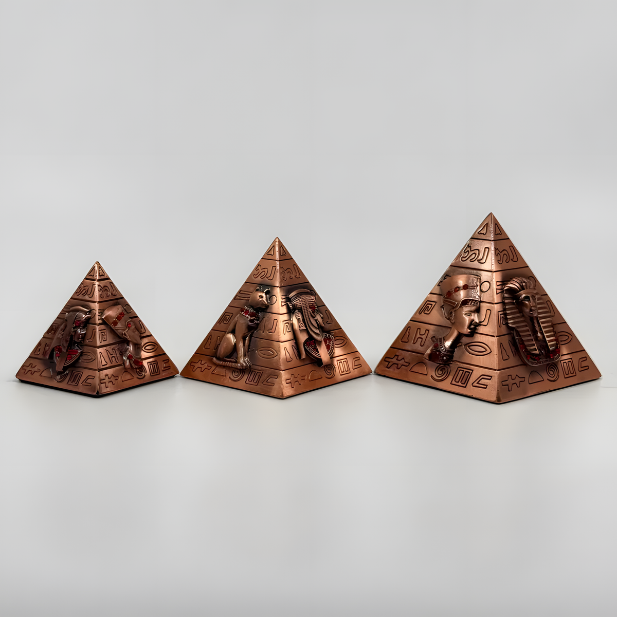 Handmade Egyptian copper pyramid set with hieroglyphic and pharaoh designs
