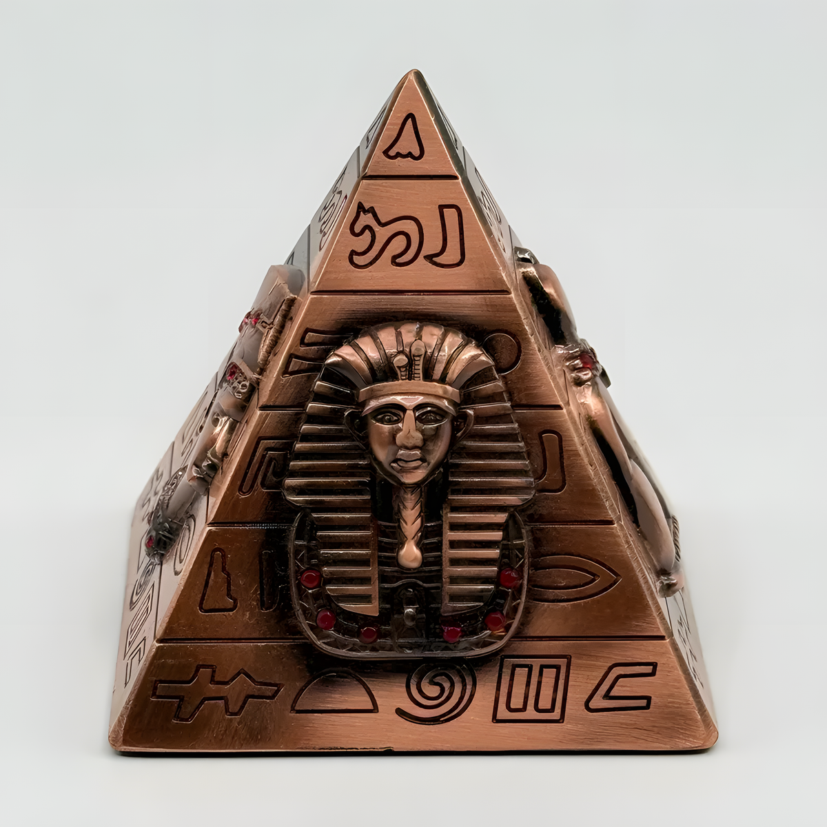 Handmade Egyptian copper pyramid set with hieroglyphic and pharaoh designs