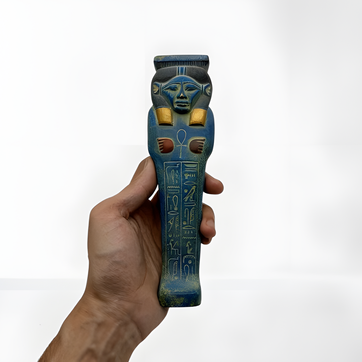 Handmade Hathor ushabti-style statue, museum reproduction, carved stone figurine of the Egyptian goddess Hathor