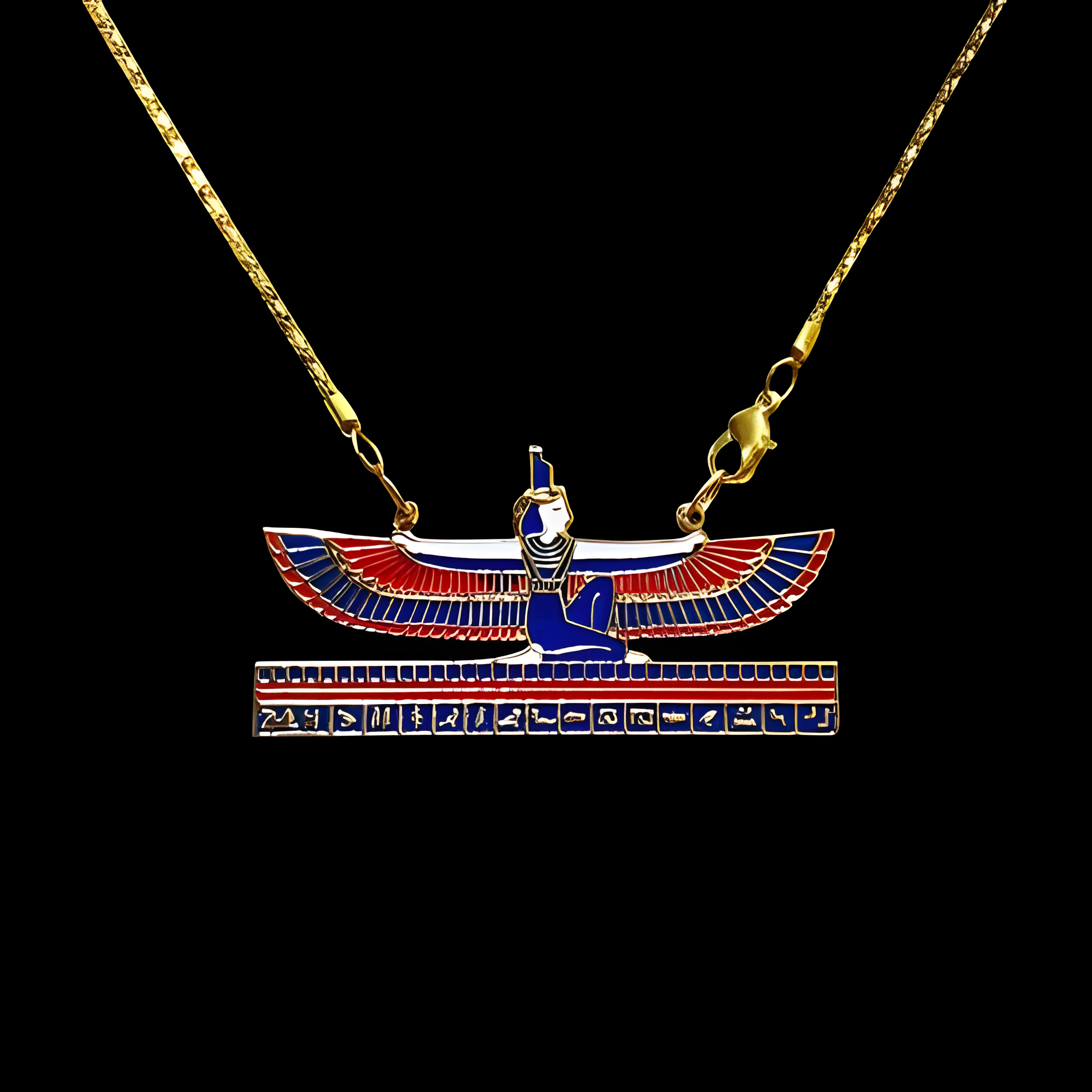 Handmade brass and copper pendant of the Egyptian goddess Isis with outstretched wings