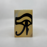 Side view of the handcarved alabaster night light vase showing natural stone texture