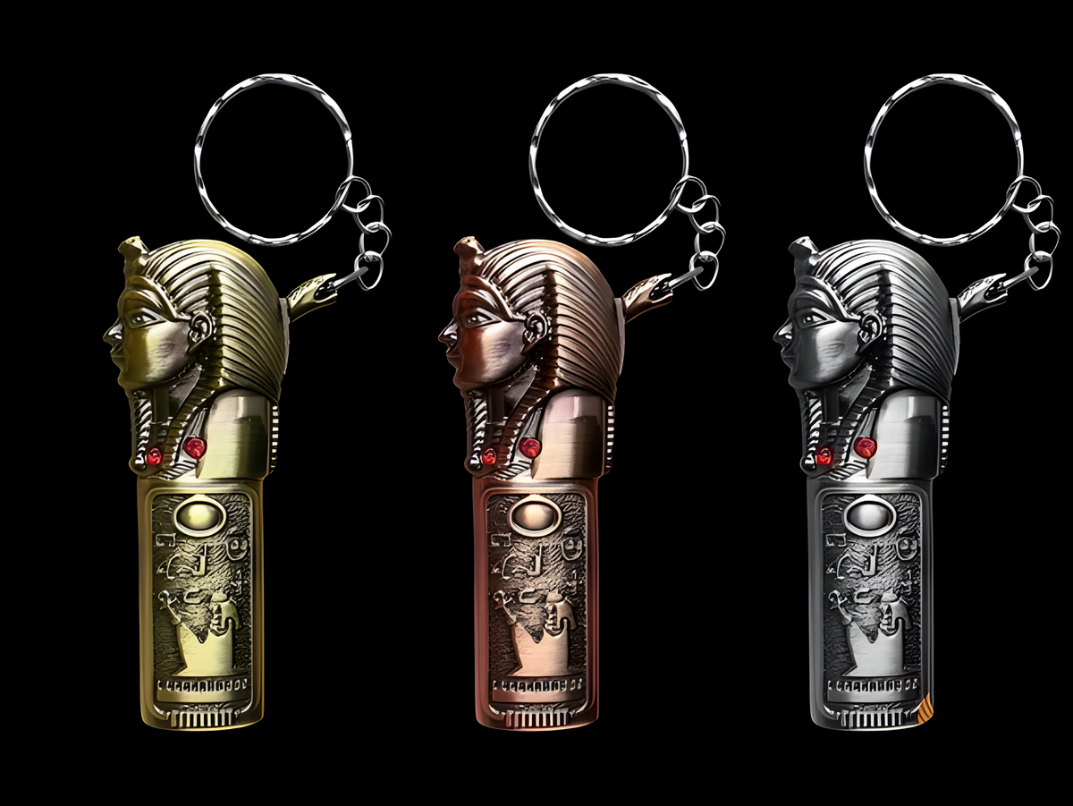 Handmade metal lighter and keychain set featuring a bust of Pharaoh Ramses II and hieroglyphic engraving