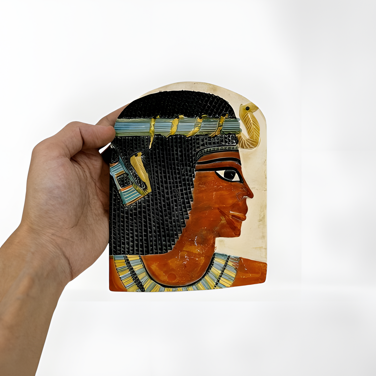 Hand-carved black stone Cleopatra stele with hieroglyphic inscriptions, museum reproduction, front view
