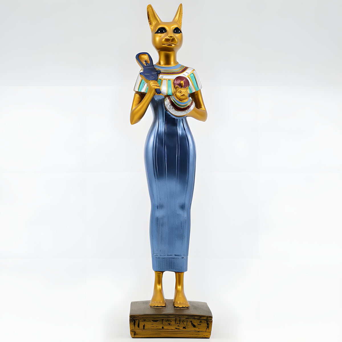 Bastet statue, museum reproduction, front view showing the cat goddess holding a sistrum