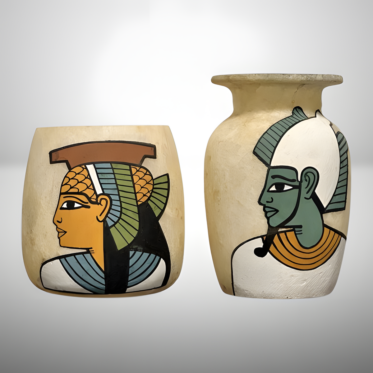 Handcrafted alabaster candle-holder vase set featuring hand-painted designs of Isis and Osiris, museum reproduction