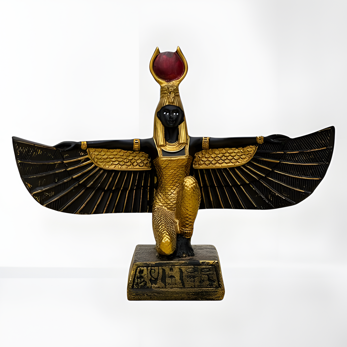 Isis statue museum reproduction, black and gold front view