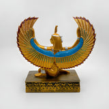 Ma'at statue museum reproduction, close-up of the carved face and headdress feather