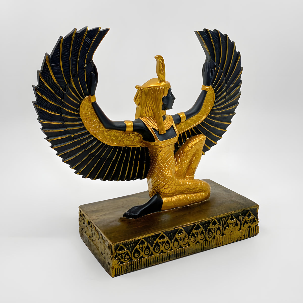 Ma'at statue museum reproduction, full figure on display stand