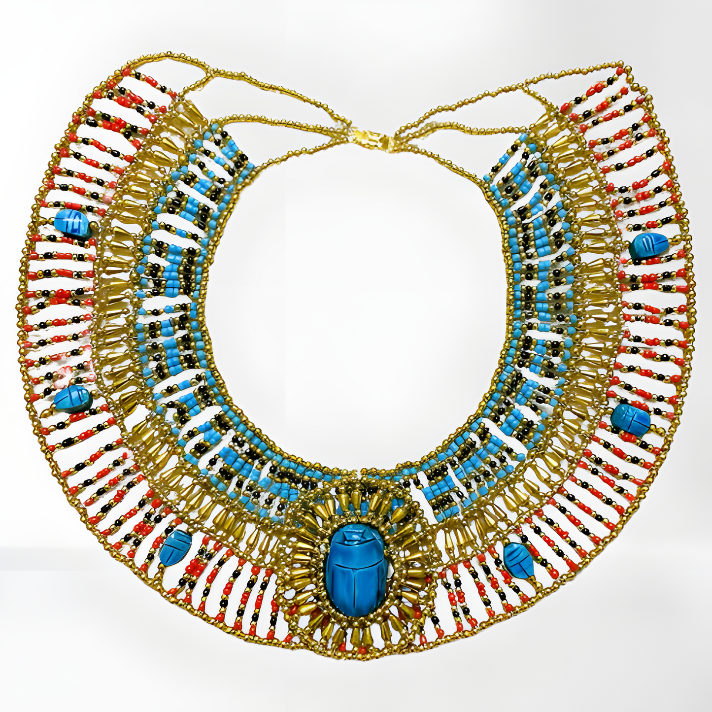Handmade Egyptian beaded collar necklace with a scarab amulet centerpiece in vibrant colors