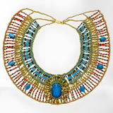 Handmade Egyptian beaded collar necklace with a scarab amulet centerpiece in vibrant colors