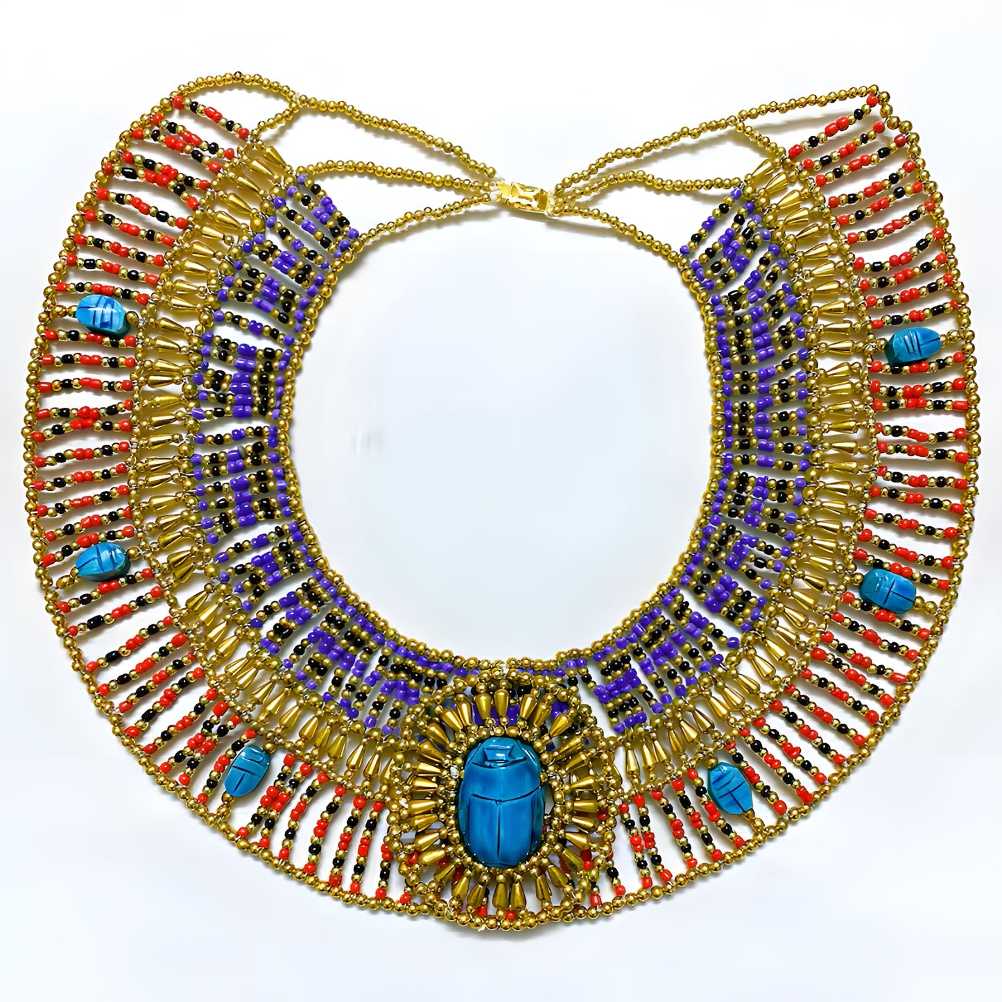 Egyptian beaded collar necklace laid flat showing full beadwork pattern