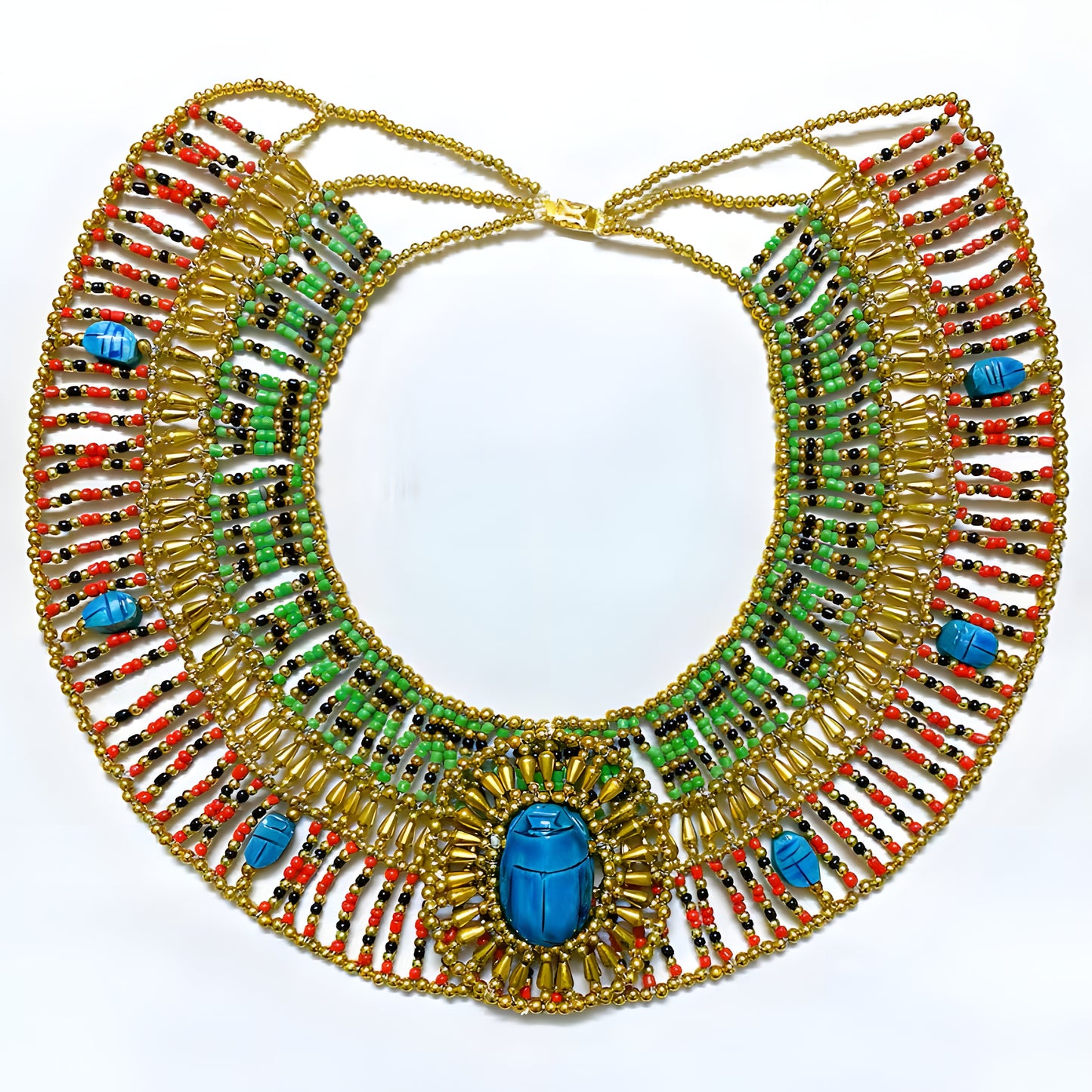 Egyptian beaded collar necklace shown worn, illustrating fit and drape