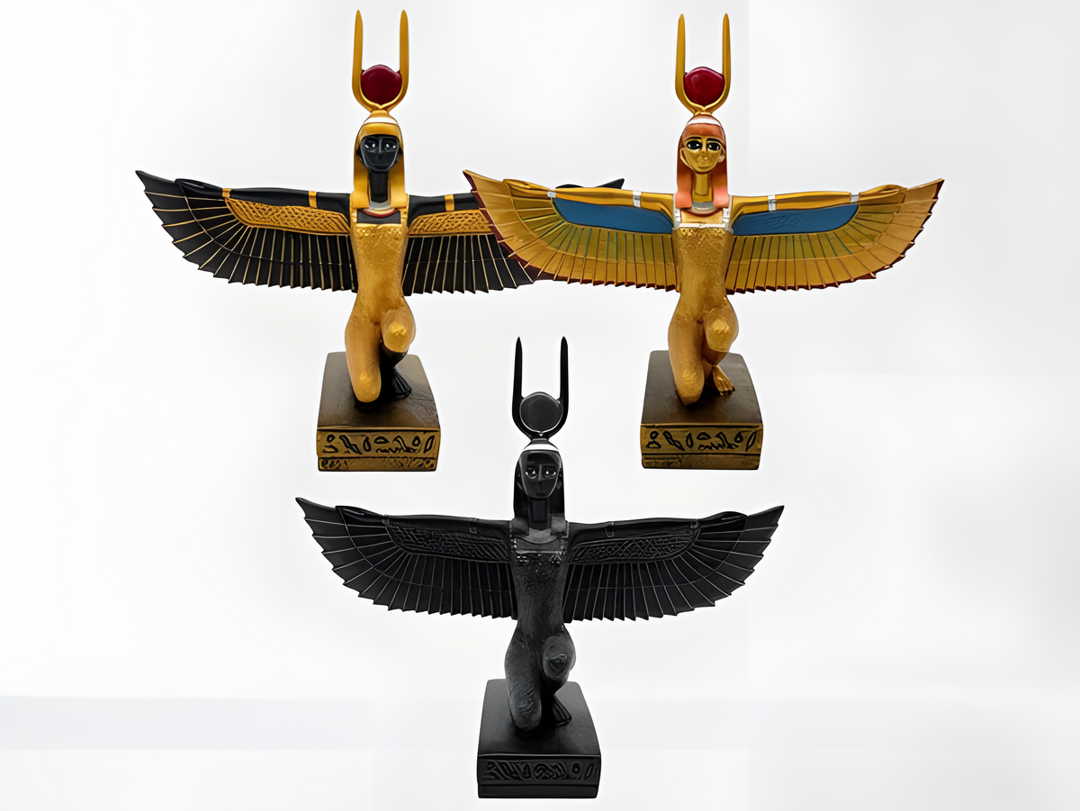 Winged Isis statue museum reproduction, front view with wings outstretched