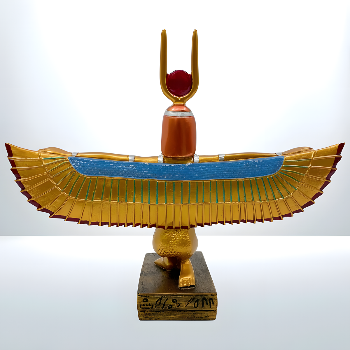 Winged Isis statue museum reproduction, close-up of wing feather carving