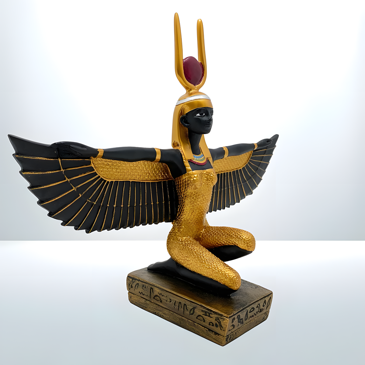 Winged Isis statue museum reproduction, full figure on display stand