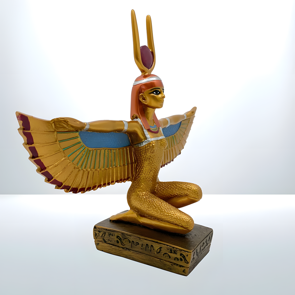 Winged Isis statue museum reproduction, detail of base and feet