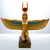 Winged Isis statue museum reproduction, angled view showing stone texture