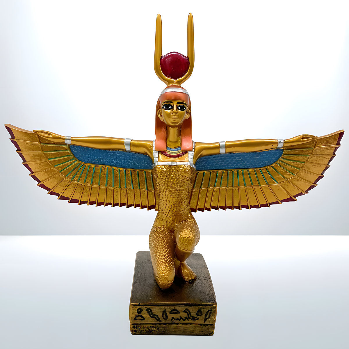 Winged Isis statue museum reproduction, angled view showing stone texture