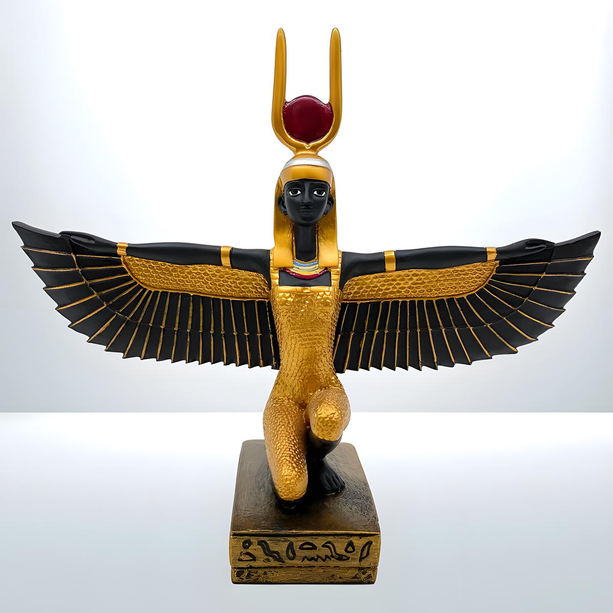 Winged Isis statue museum reproduction, shown next to a size reference object