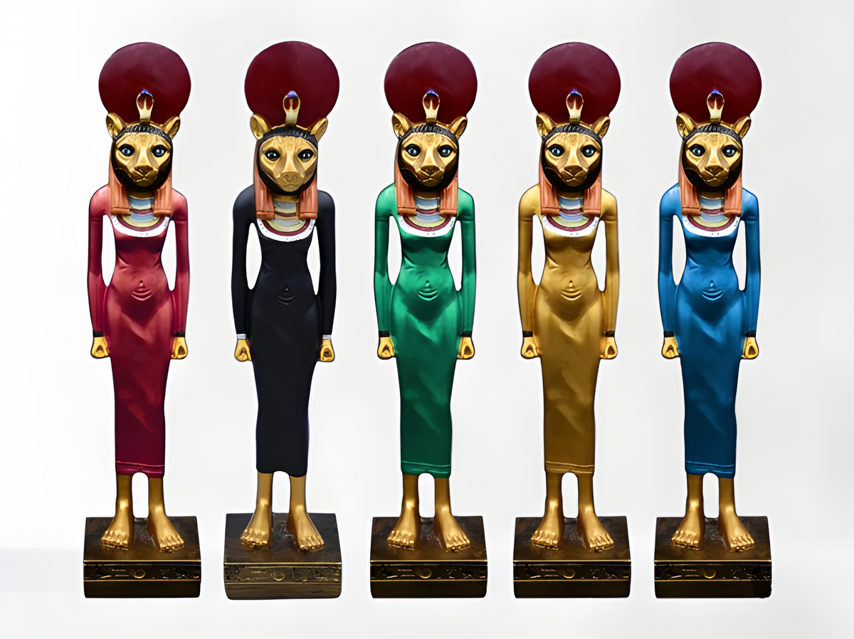 Sekhmet statue museum reproduction, front view showing the lioness head