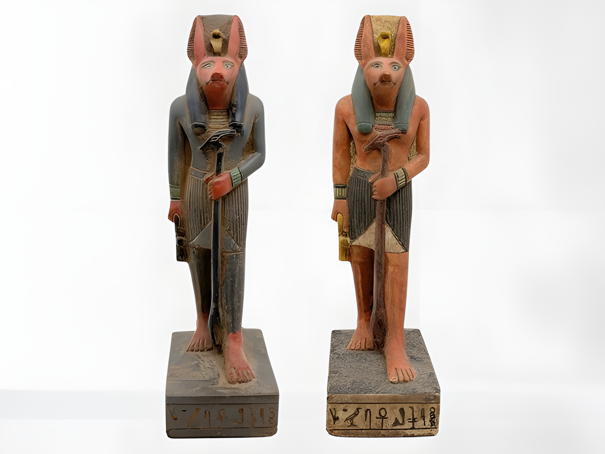 Hand-carved stone Anubis statue, museum reproduction, front view