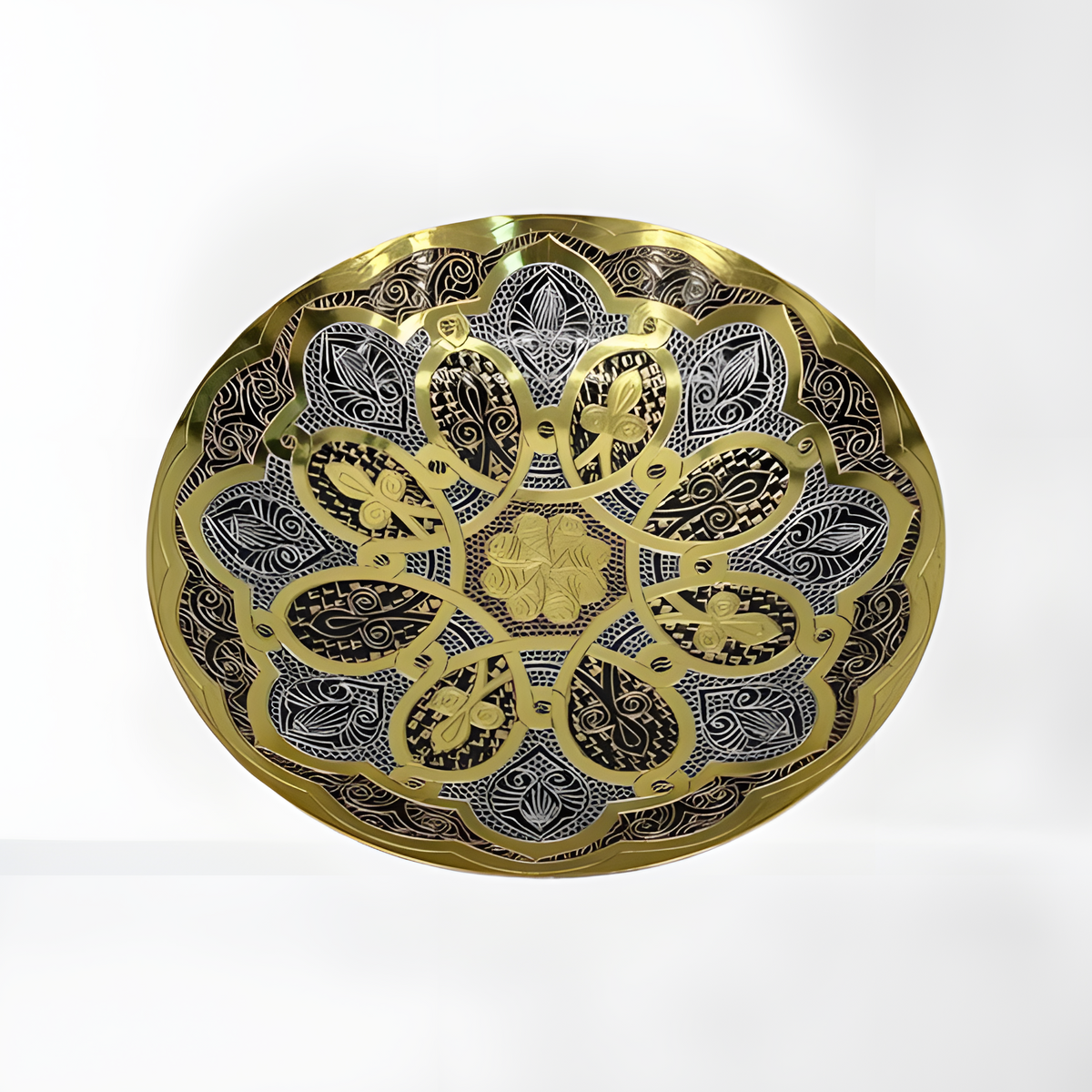 Hand-engraved copper wall plate with Pharaonic-style temple- and hieroglyph-inspired motifs, Khan El Khalili, Style 2