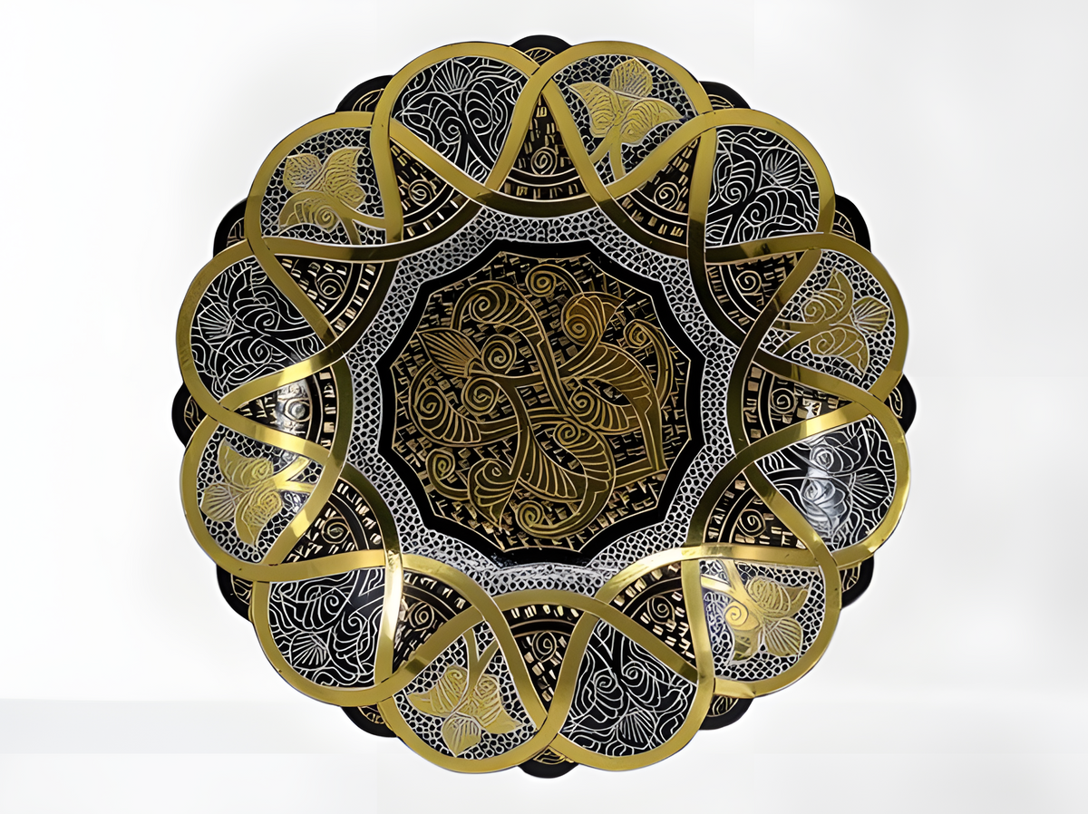 Hand-engraved copper wall plate with Pharaonic-style motifs, crafted in Cairo's Khan El Khalili bazaar, Style 3