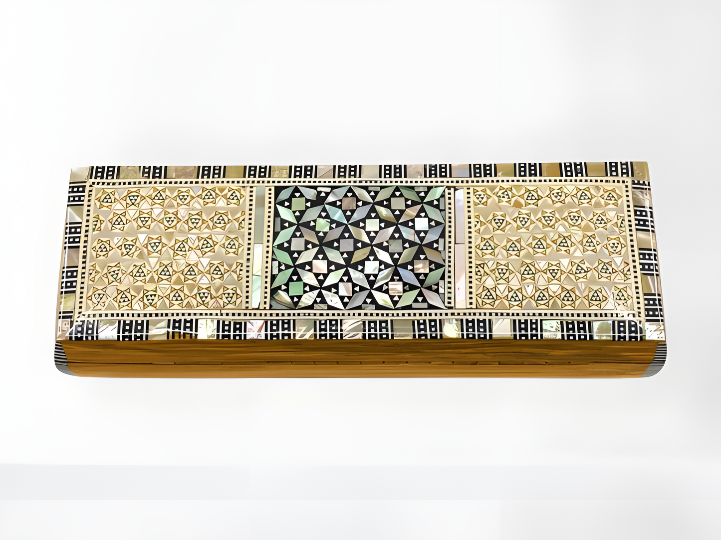 Handmade Egyptian jewelry box in wood with mother-of-pearl inlay and Pharaonic-style floral motifs