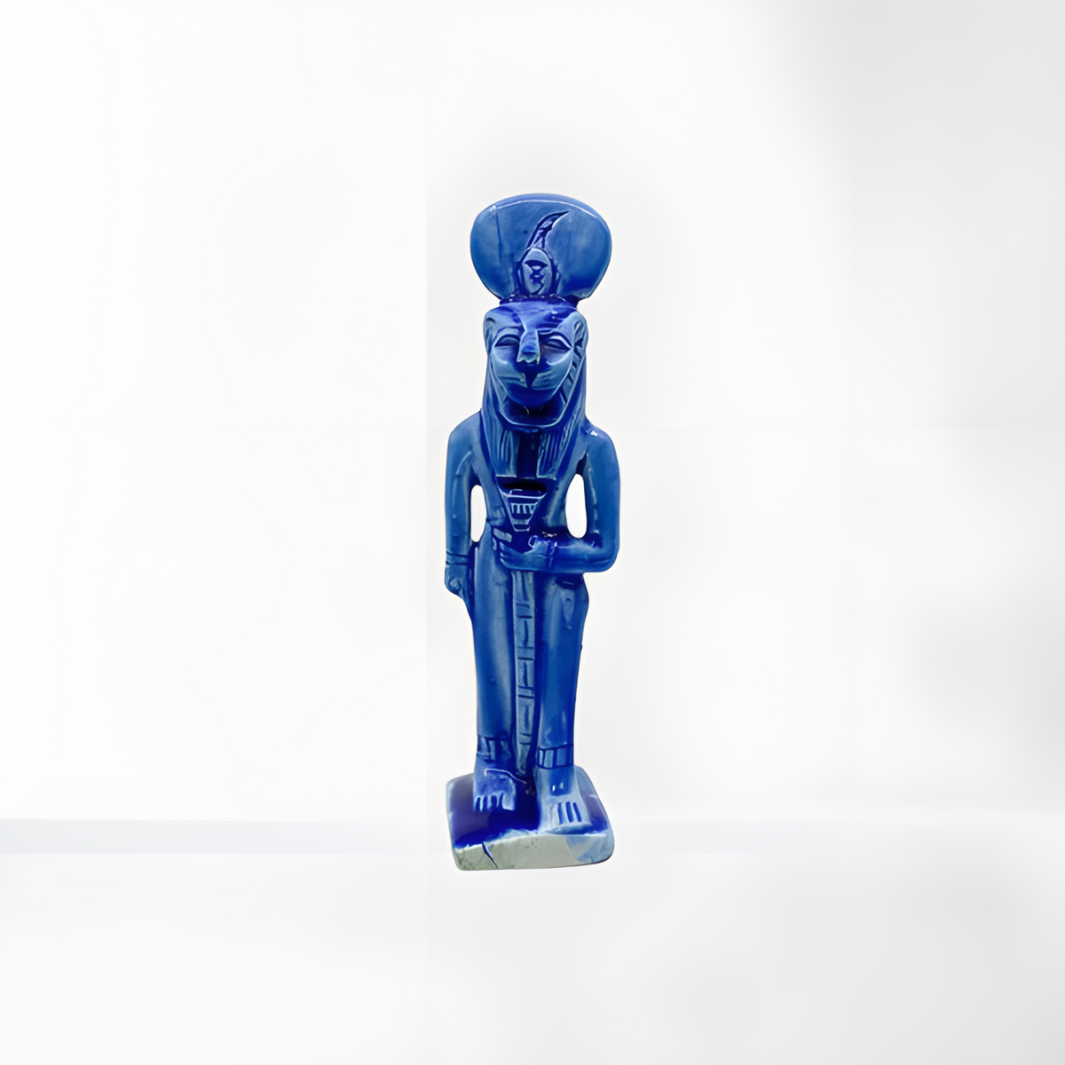 Blue Sekhmet statue museum reproduction, front view
