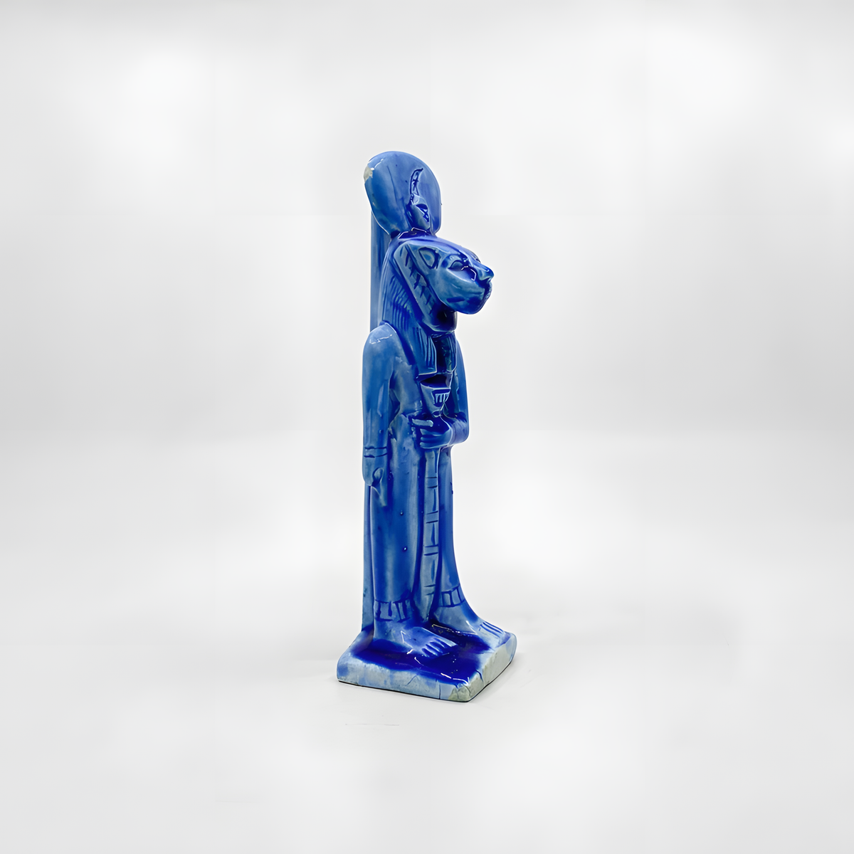 Blue Sekhmet statue museum reproduction, side view