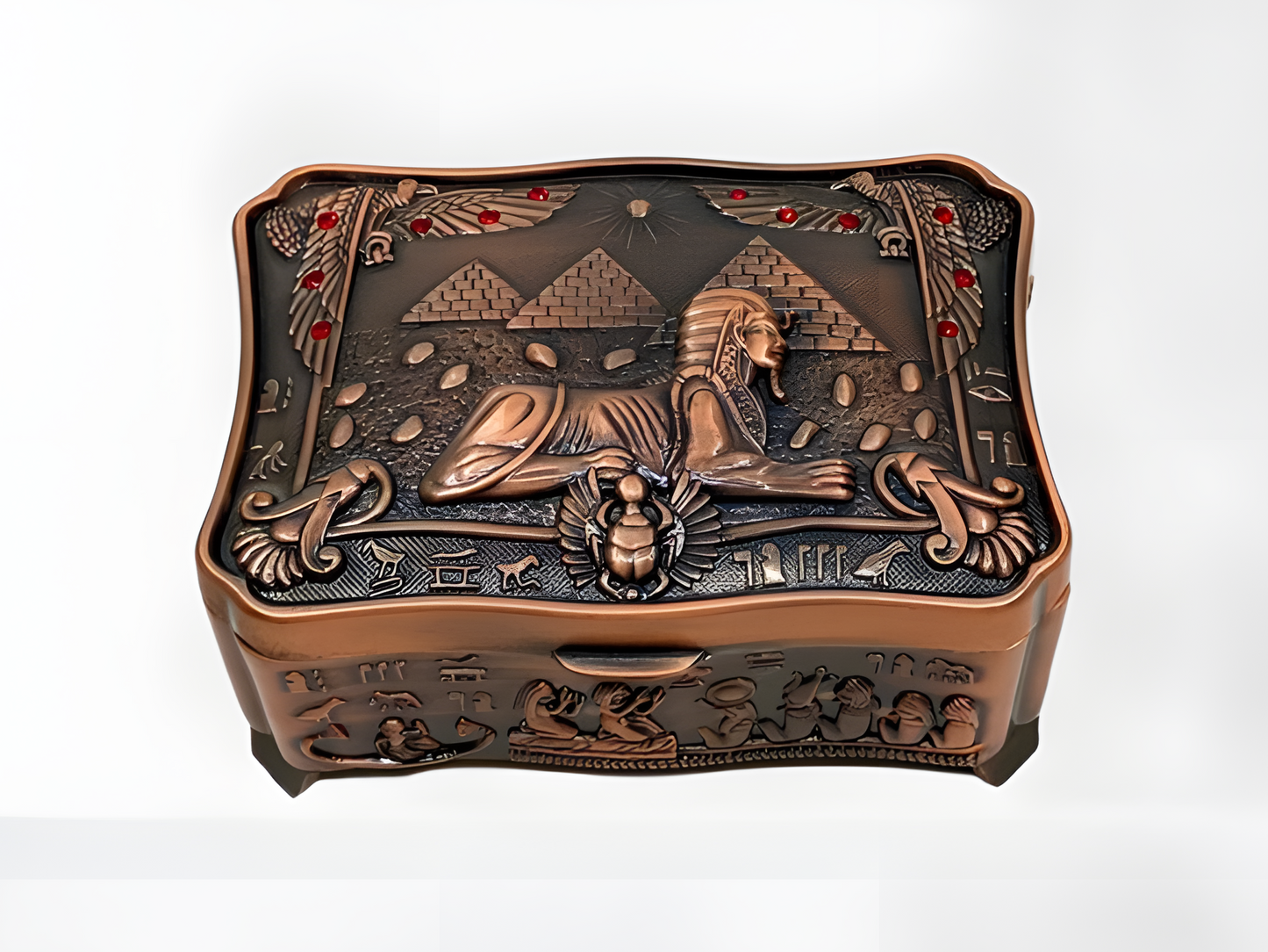 Handmade Egyptian Sphinx-shaped metal jewelry box, closed view