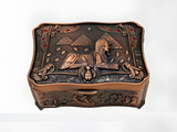 Handmade Egyptian Sphinx-shaped metal jewelry box, closed view