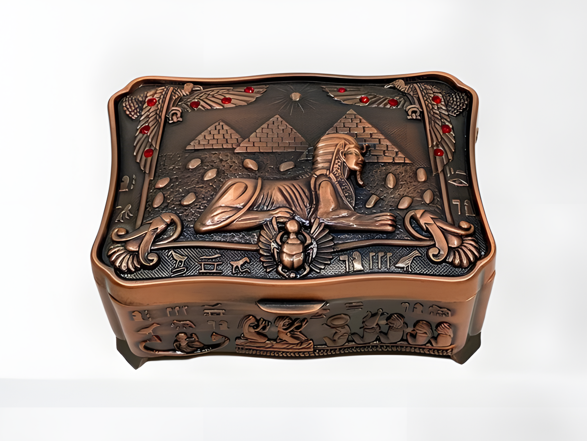 Handmade Egyptian Sphinx-shaped metal jewelry box, closed view