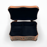 Open view of the Sphinx-shaped metal jewelry box interior
