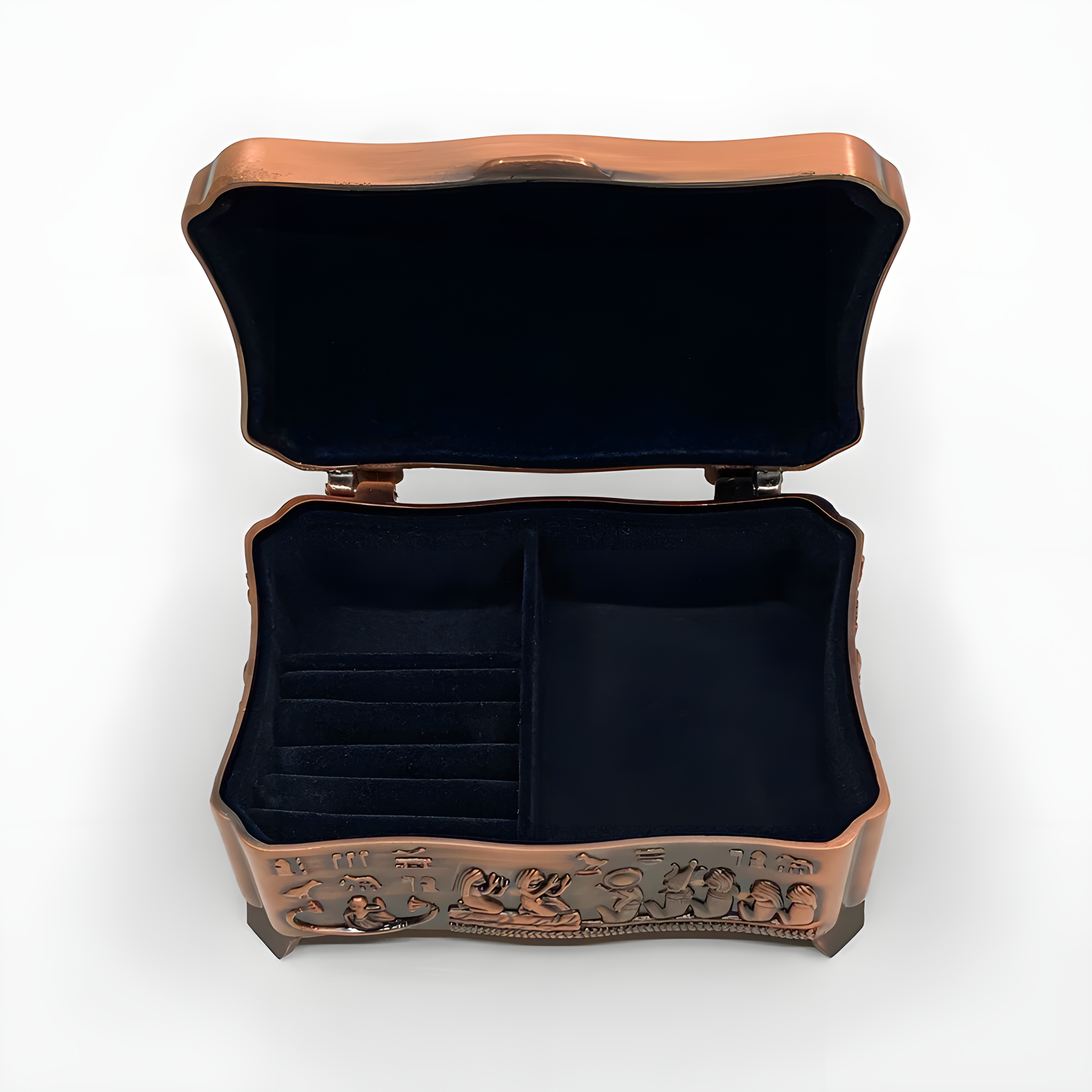 Open view of the Sphinx-shaped metal jewelry box interior