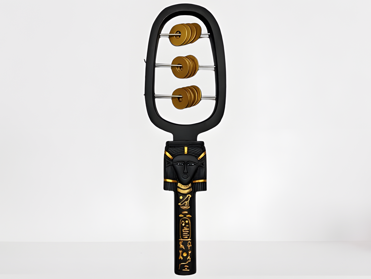 Egyptian sistrum of Hathor, museum reproduction — front view