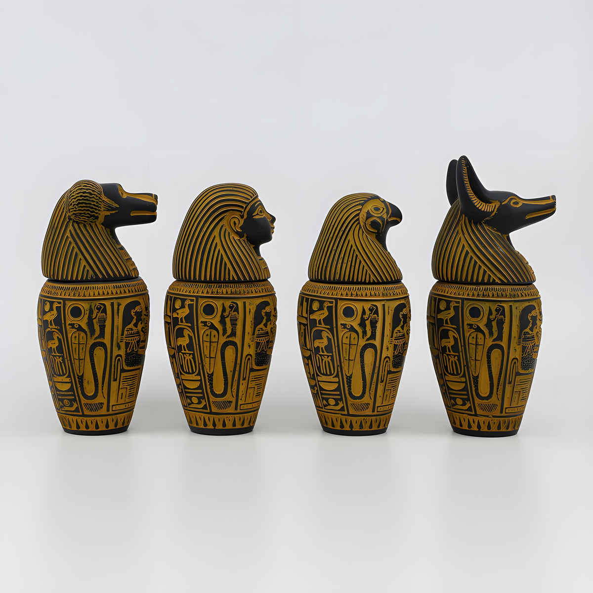 Egyptian canopic jars set, museum reproduction — detail of Duamutef and Qebehsenuef jar lids