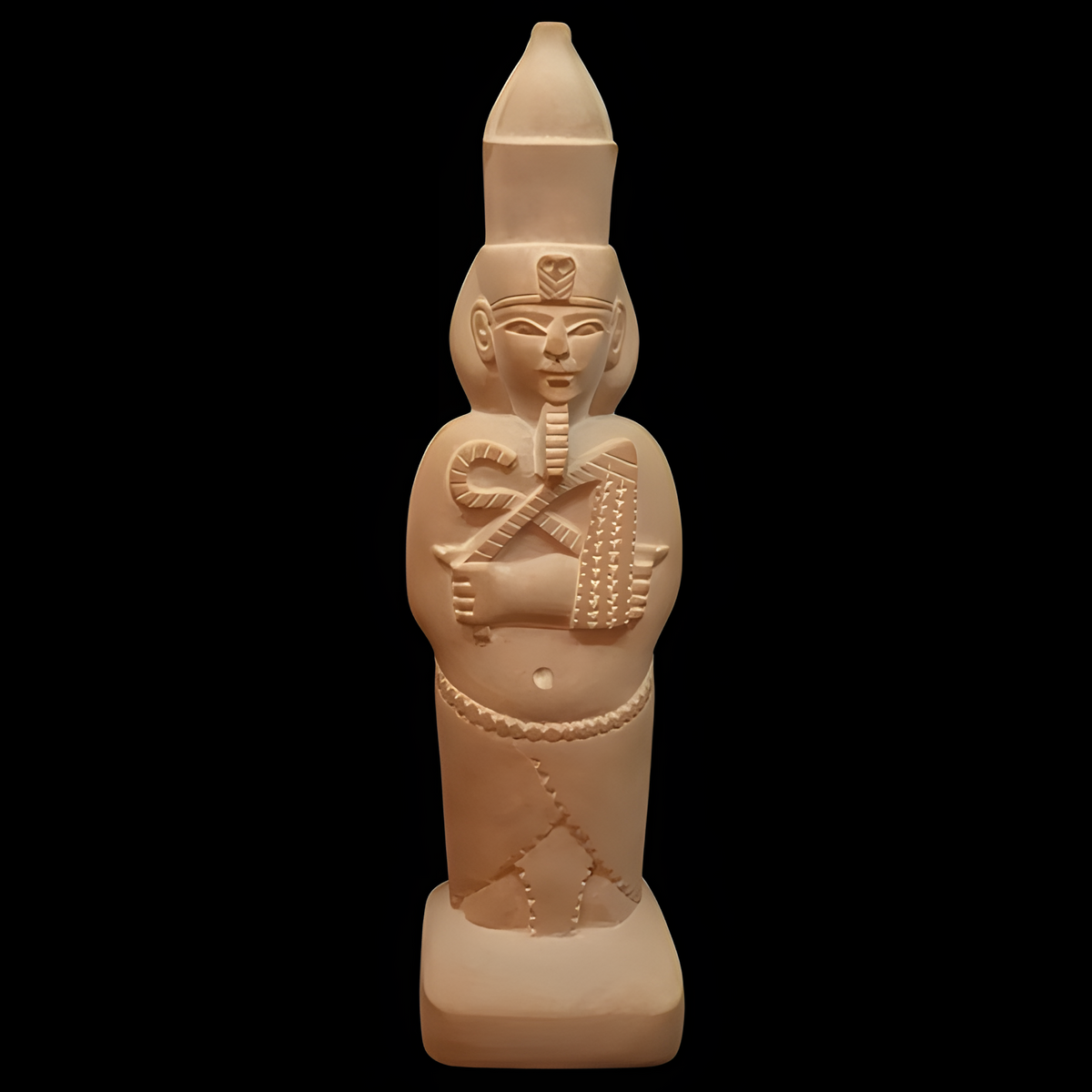 Handmade Egyptian ushabti statue, museum reproduction, hand-carved sandstone servant figurine, front view