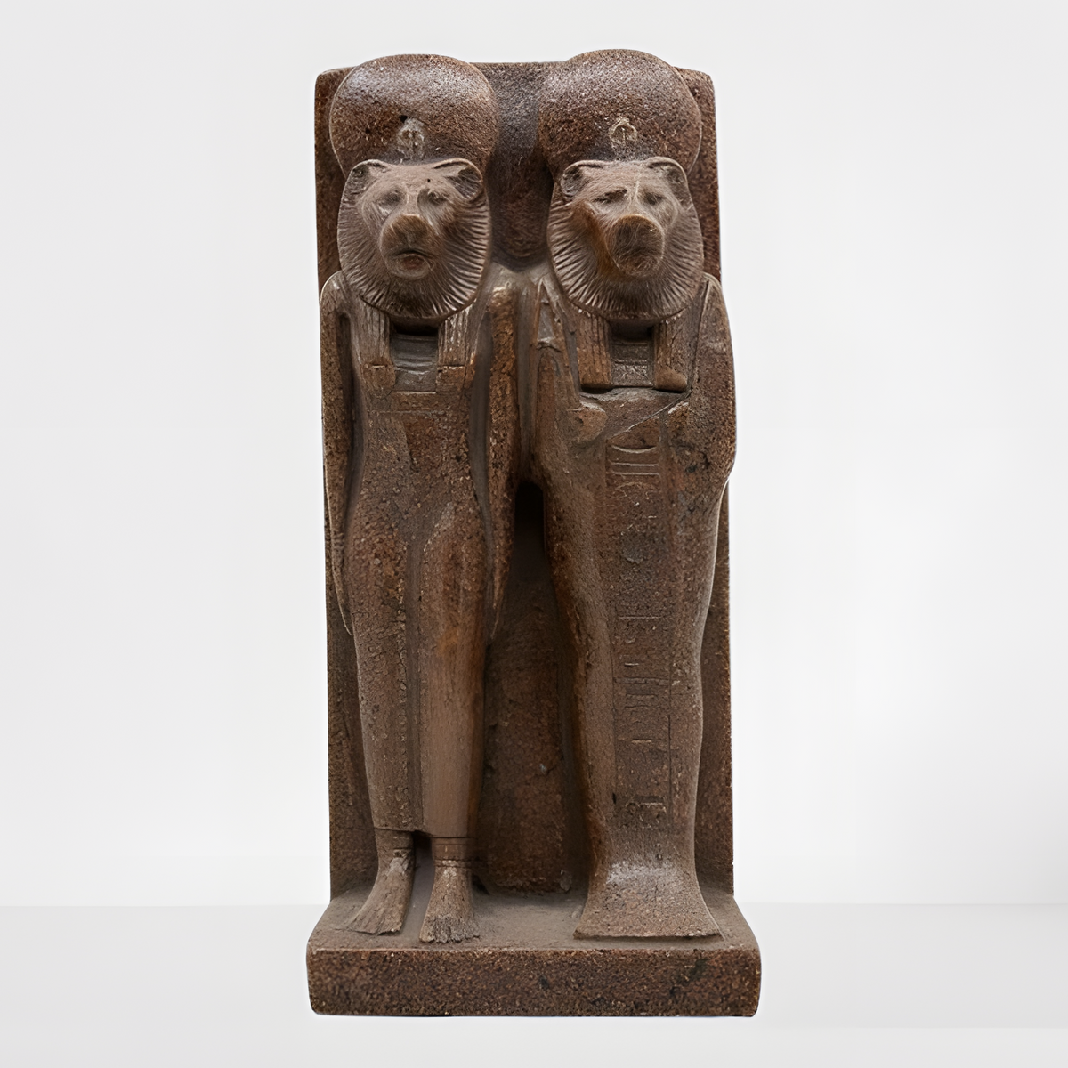 Sekhmet and Menhit granite statue museum reproduction, front view