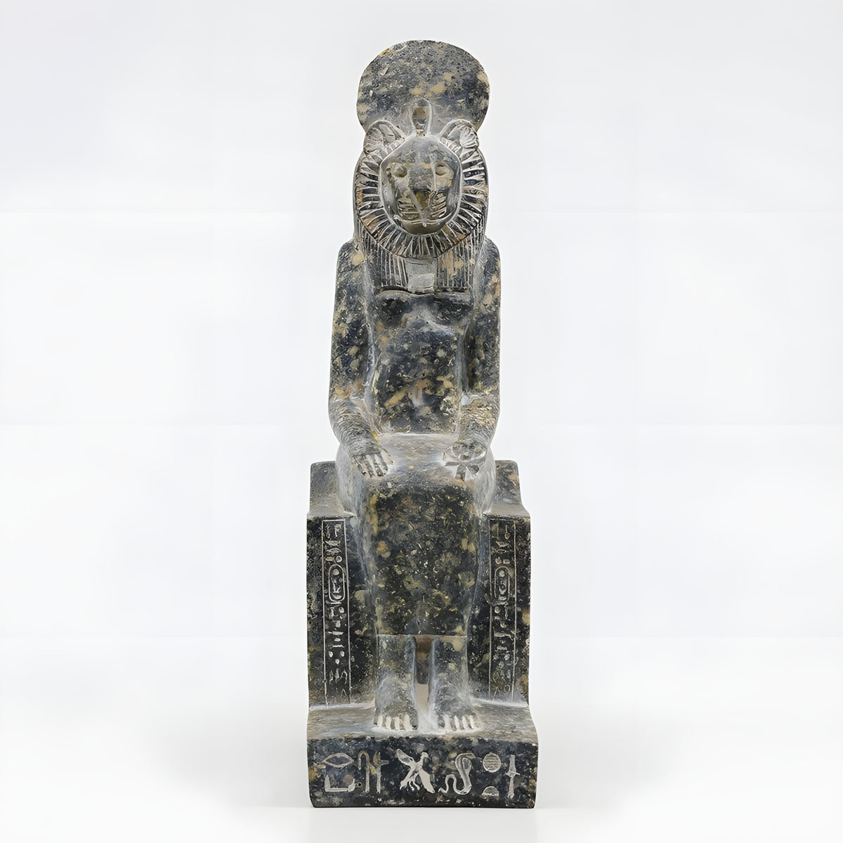 Sekhmet and Menhit granite statue museum reproduction, front view