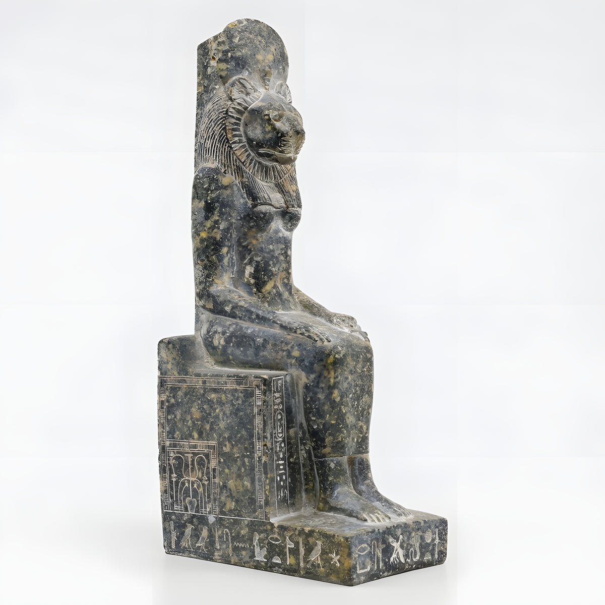 Sekhmet and Menhit granite statue museum reproduction, side view